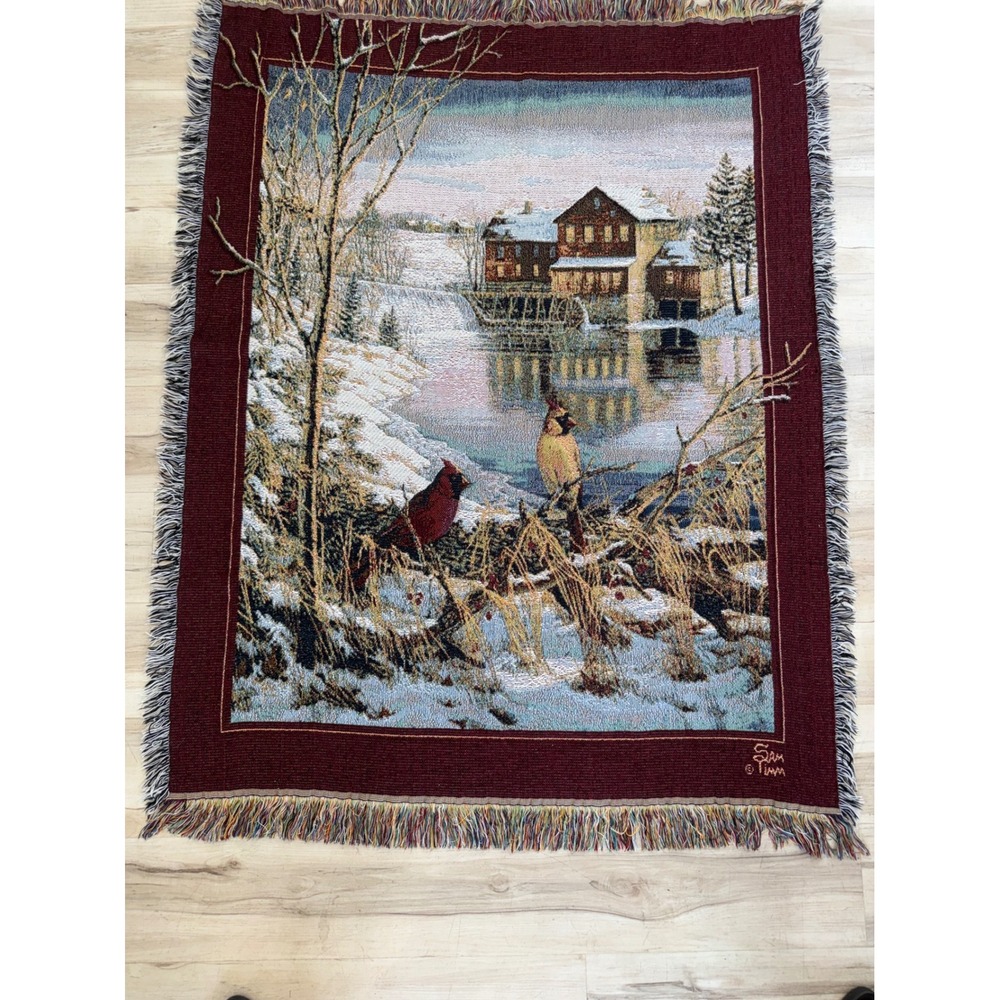Sam Timm Cardinal Winter Cabin Woven Tapestry Throw Blanket 58x43 Rustic